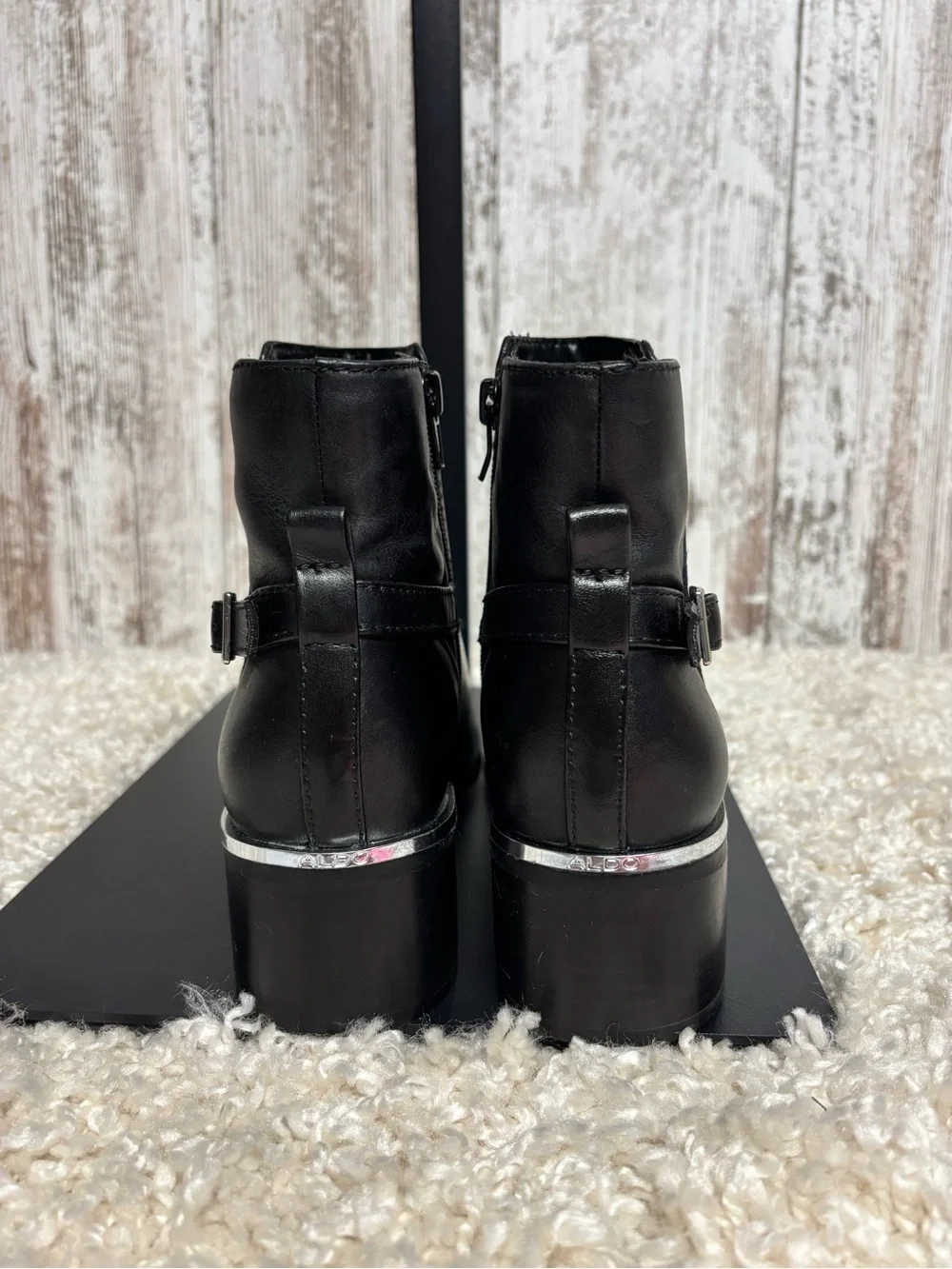 Aldo Black Ankle Booties with Silver Buckle Accent